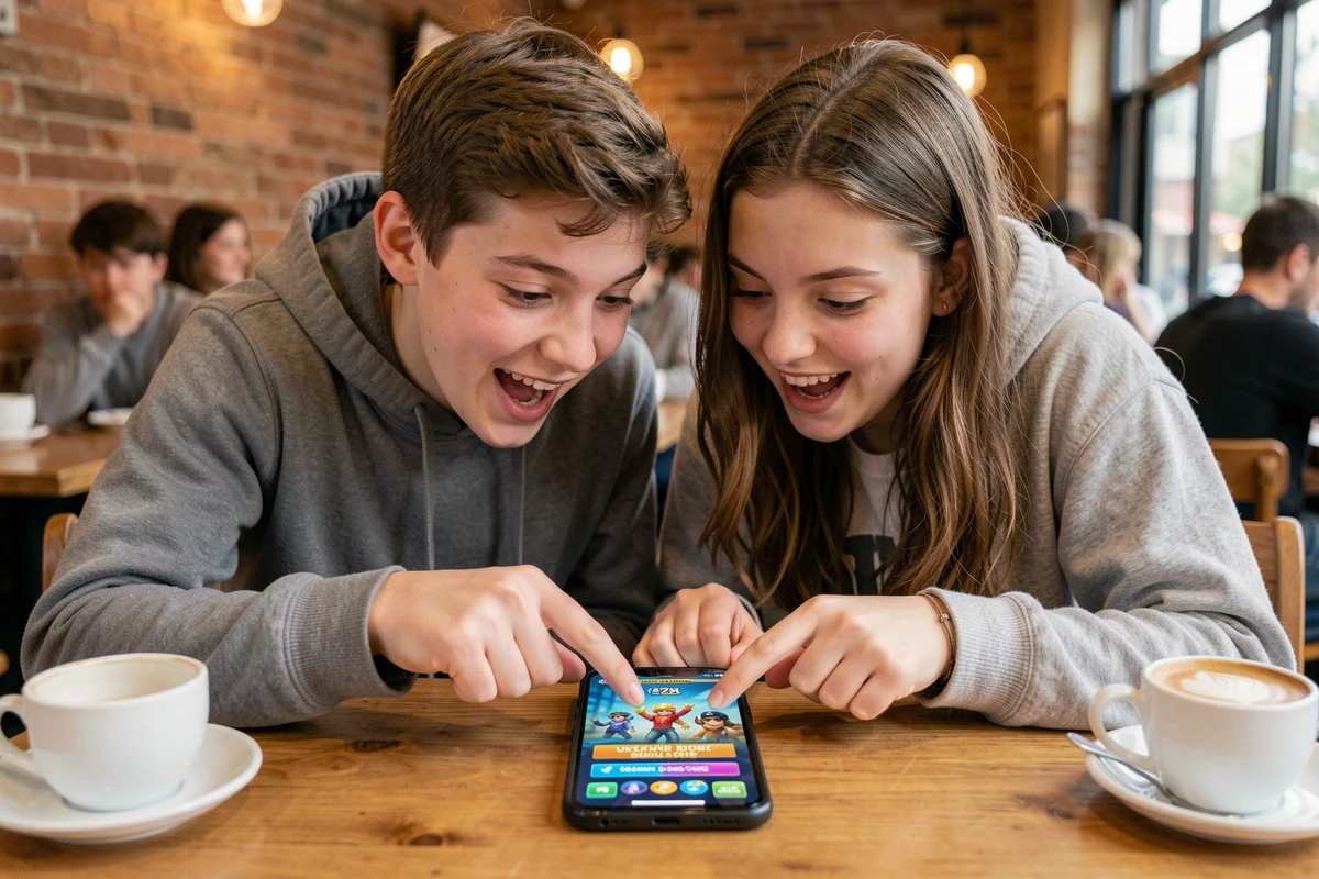 Deux adolescents partageant des codes Brawl Stars sur smartphone dans un caf&eacute; pour d&eacute;buter en 2026