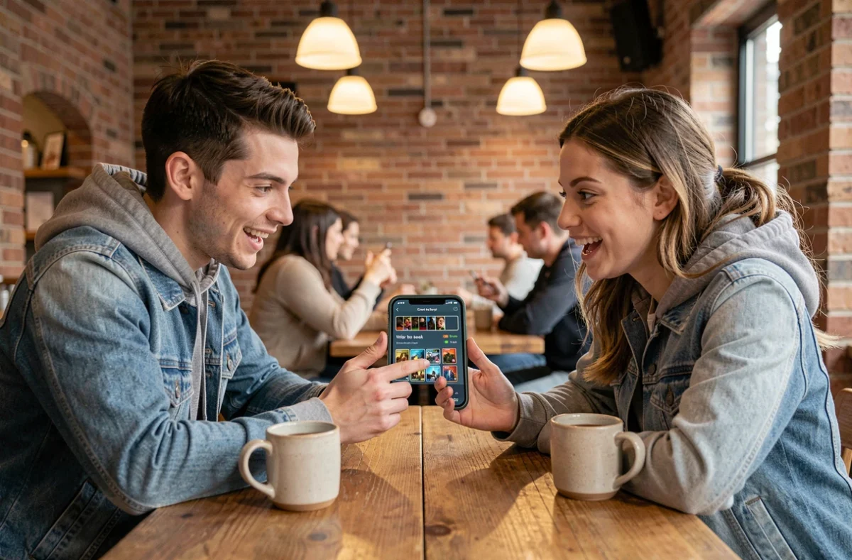 Deux amis comparant leurs decks Pok&eacute;mon Pocket sur smartphone dans un caf&eacute; urbain anim&eacute;