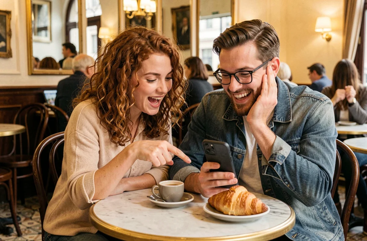 Deux amis comparant leurs scores Wordle sur un téléphone dans un café parisien animé