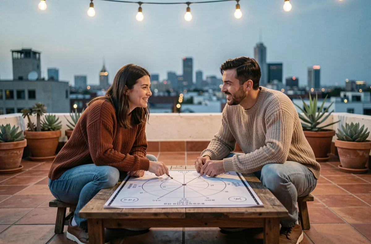 Deux amis explorant ensemble un tableau de compatibilit&eacute; astrologique sur un toit terrasse urbain, illustrant les relations du signe Cancer du 12 juillet