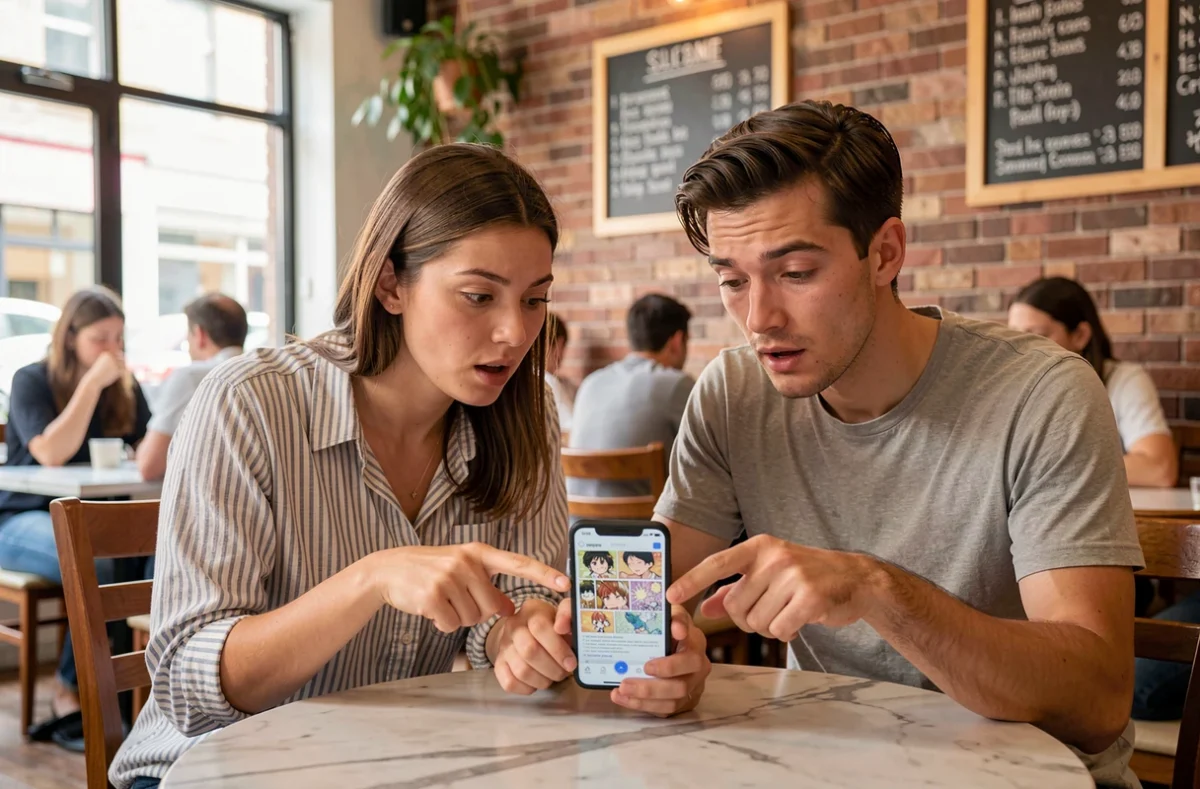 Deux amis d&eacute;couvrant ensemble des plateformes de yaoi scan sur smartphone dans un caf&eacute;