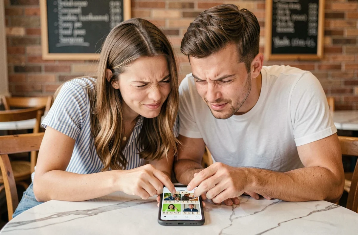 Deux amis résolvant ensemble un mot de 9 lettres au jeu 4 Images 1 Mot dans un café