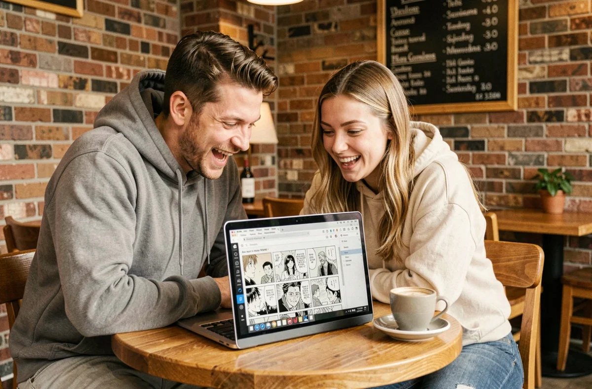 Deux amis r&eacute;agissant ensemble &agrave; la lecture d'un scan officiel de One Piece sur ordinateur portable dans un caf&eacute;