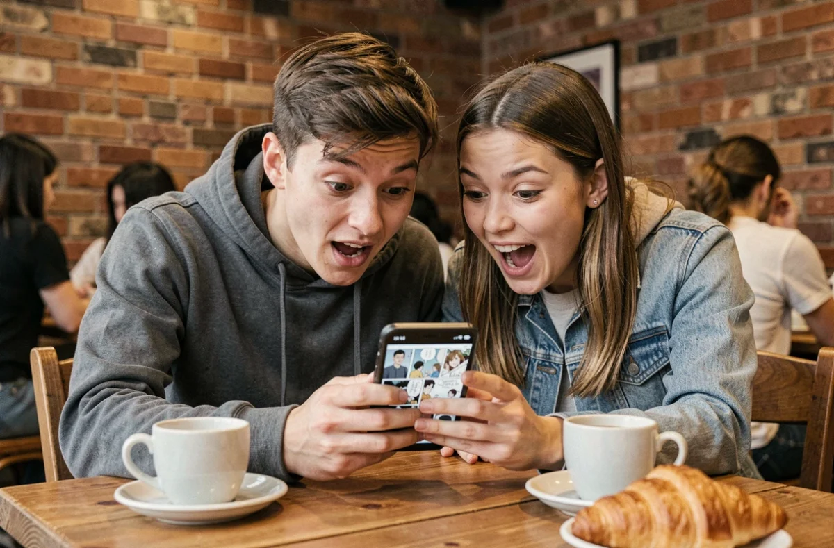 Deux amis lisant ensemble des scans One Piece sur smartphone dans un café urbain avec une réaction enthousiaste