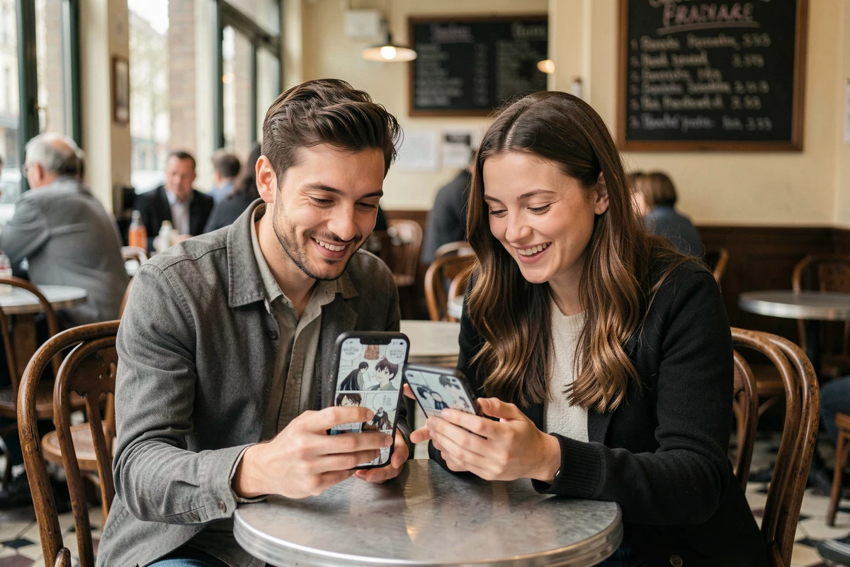Deux amis partageant la lecture de scans manga VF sur smartphone dans un caf&eacute; parisien