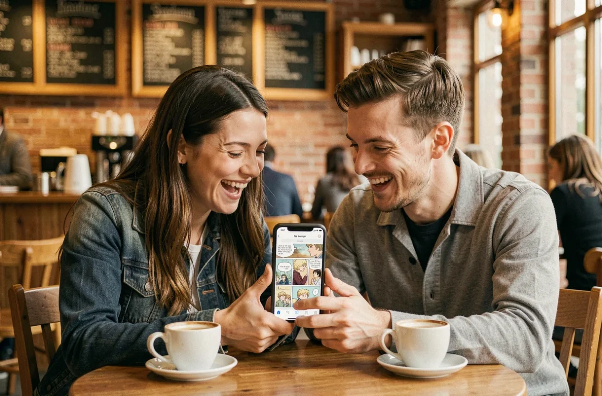 Deux amis partageant un webtoon sur smartphone dans un caf&eacute;, souriant devant un chapitre de manhwa