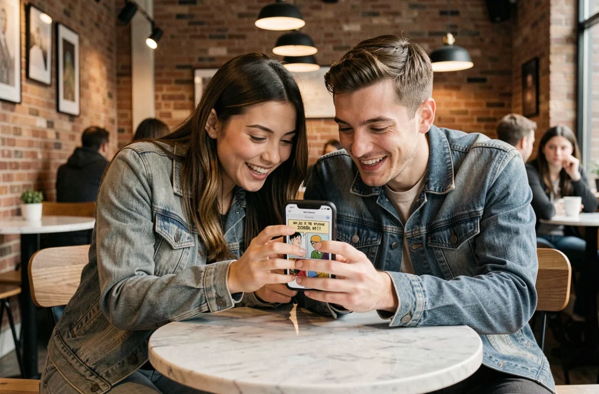 Deux amis lisant ensemble un webtoon sur smartphone dans un caf&eacute;, &eacute;voquant le partage de scans en ligne via epsilonscan FR