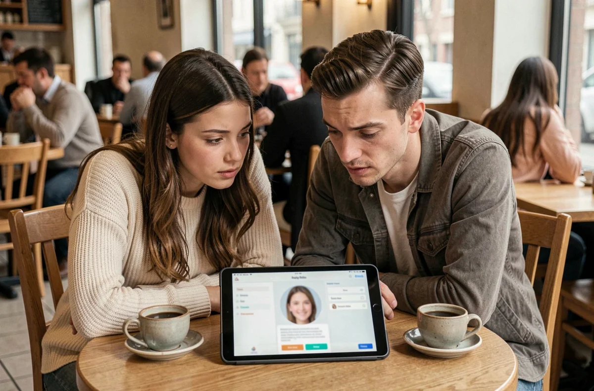 Deux amis consultant une application de recherche par photo sur une tablette dans un caf&eacute;