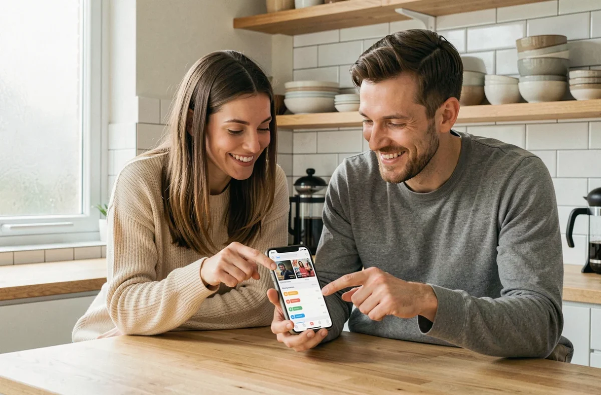 Deux amis consultant ensemble une application de suivi de s&eacute;ries sur smartphone dans une cuisine moderne