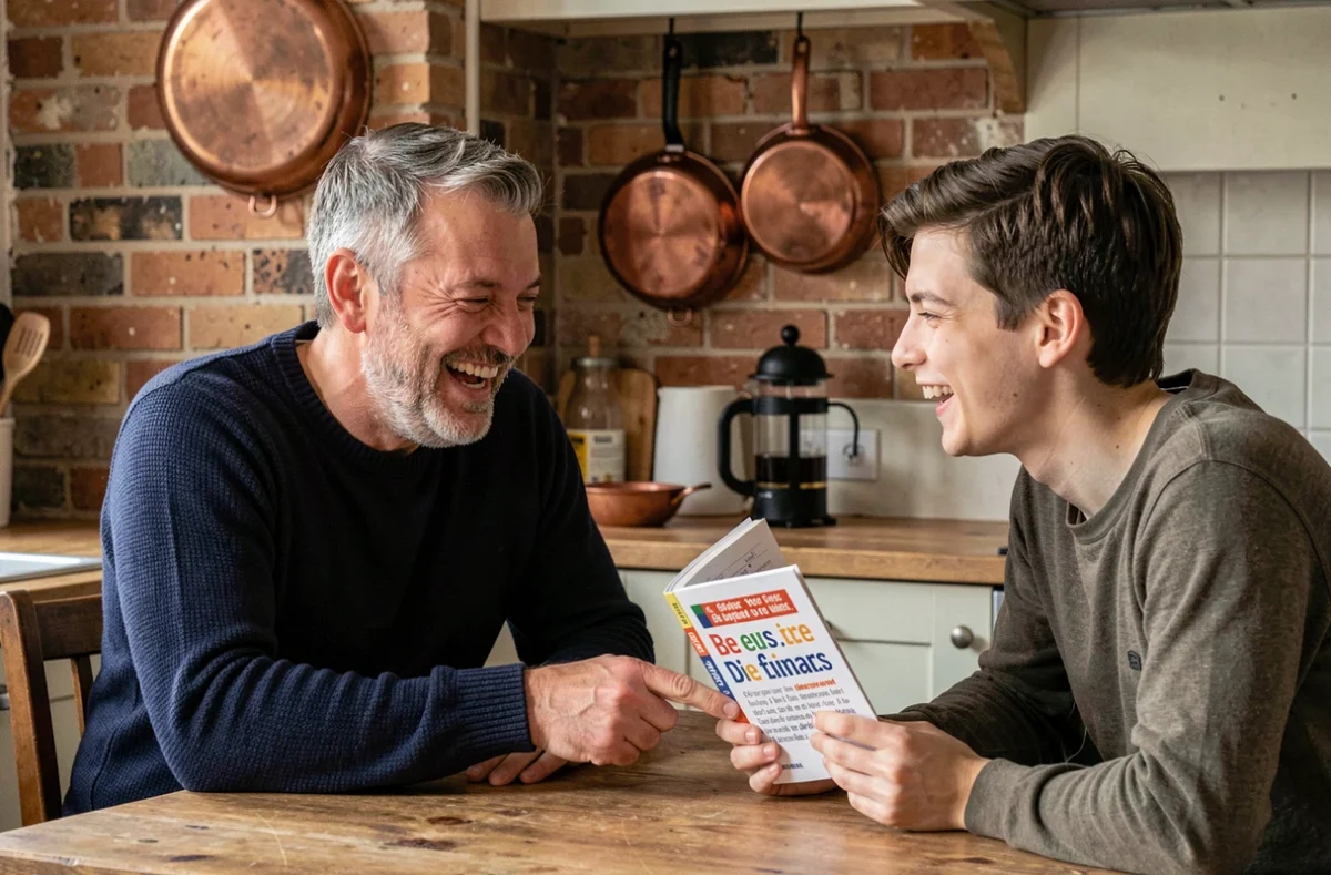 Deux personnes riant ensemble en découvrant une expression idiomatique française drôle dans un phrasebook