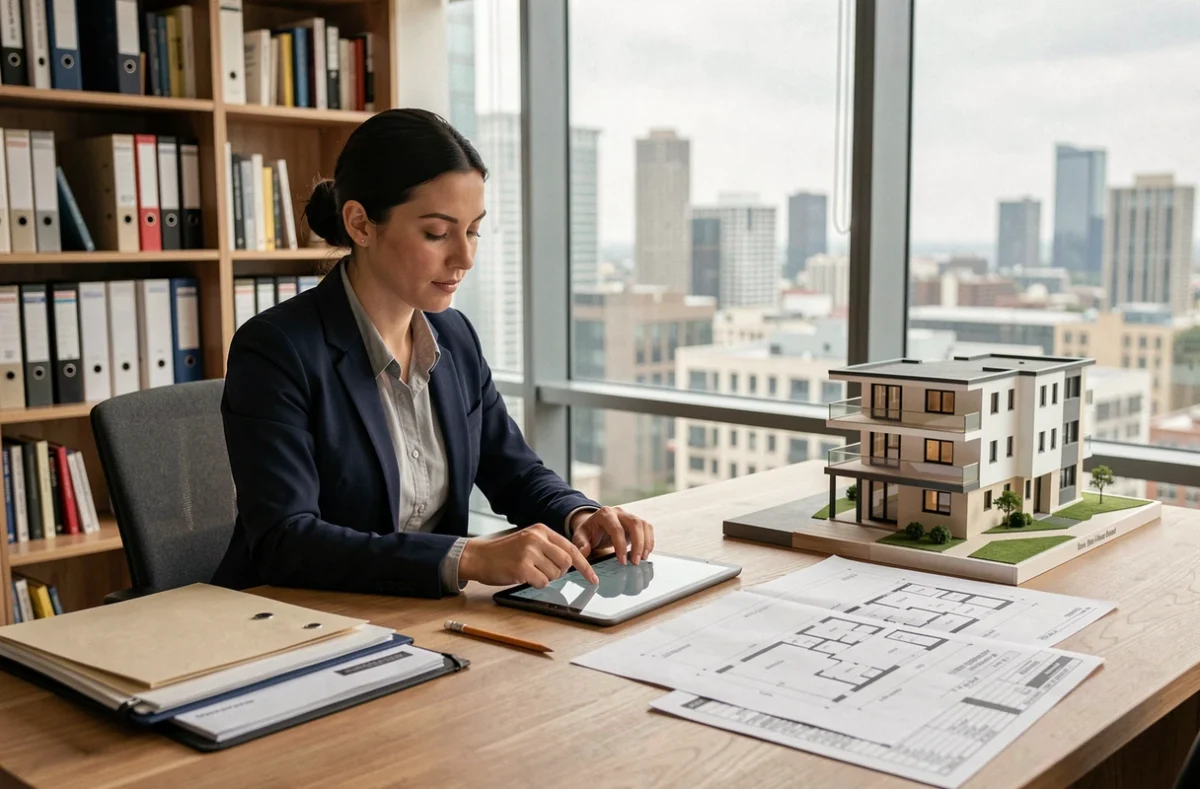 Architecte féminine calculant des volumes de matériaux en convertissant des surfaces m2 en m3 sur tablette dans un bureau moderne