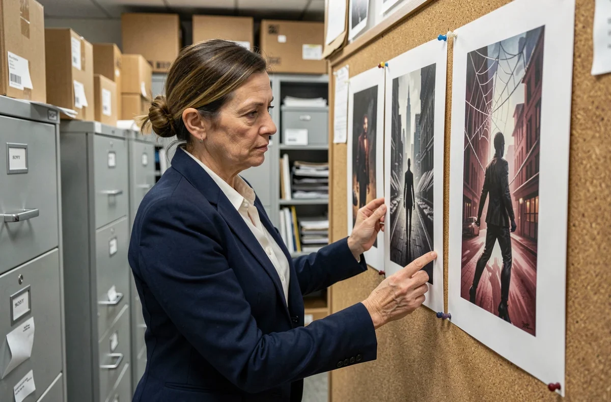 Archiviste examinant des illustrations conceptuelles sombres d'Amazing Spider-Man 3 dans une salle d'archives Sony Pictures