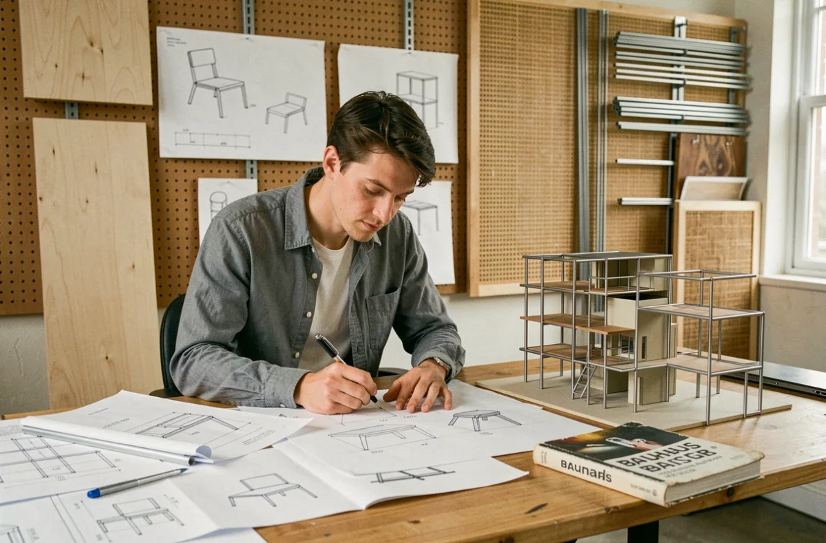 Designer travaillant sur des croquis de mobilier tubulaire inspir&eacute;s de l'esth&eacute;tique Bauhaus de Marcel Breuer dans un atelier de conception