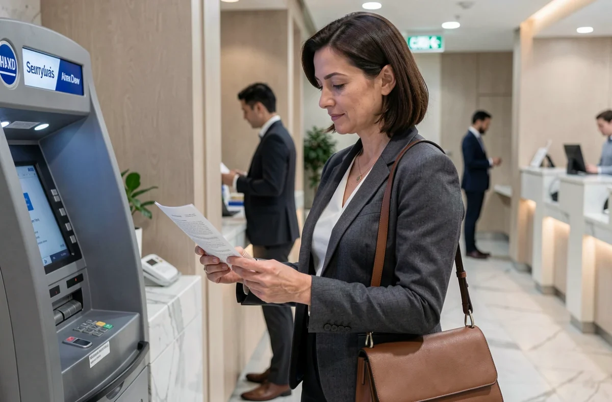 Femme consultant un relev&eacute; bancaire avec assurance dans une agence moderne, illustrant l'autonomie financi&egrave;re de la victime