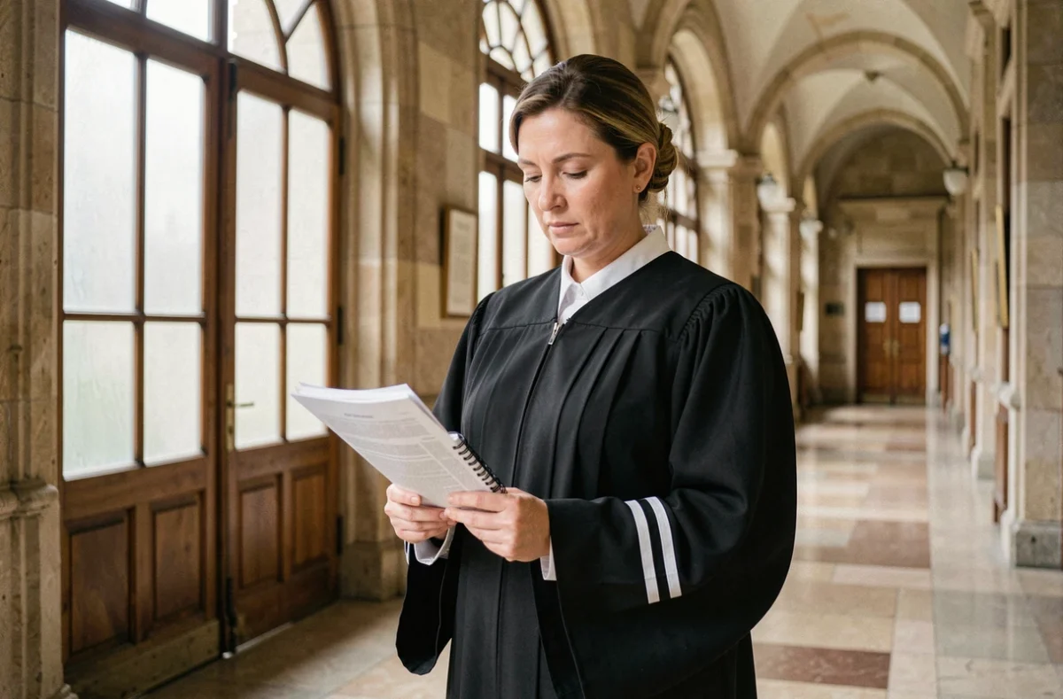 Avocate en robe noire consultant ses dossiers dans le couloir d'un palais de justice, pr&eacute;parant une plaidoirie pour obtenir un sursis dans une affaire de vol