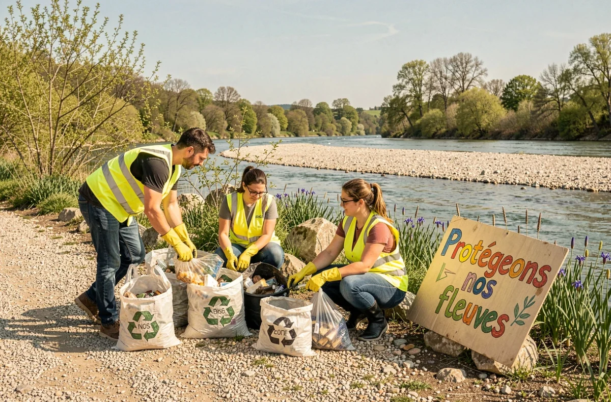 Groupe de b&eacute;n&eacute;voles nettoyant les berges de la Garonne lors d'une action de protection environnementale des fleuves fran&ccedil;ais au printemps