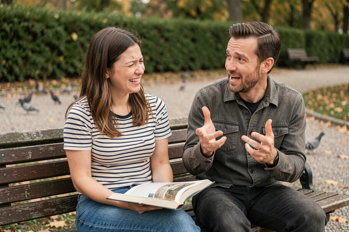 Couple sur un banc de parc r&eacute;agissant &agrave; une blague de drague nulle avec rires et grimaces