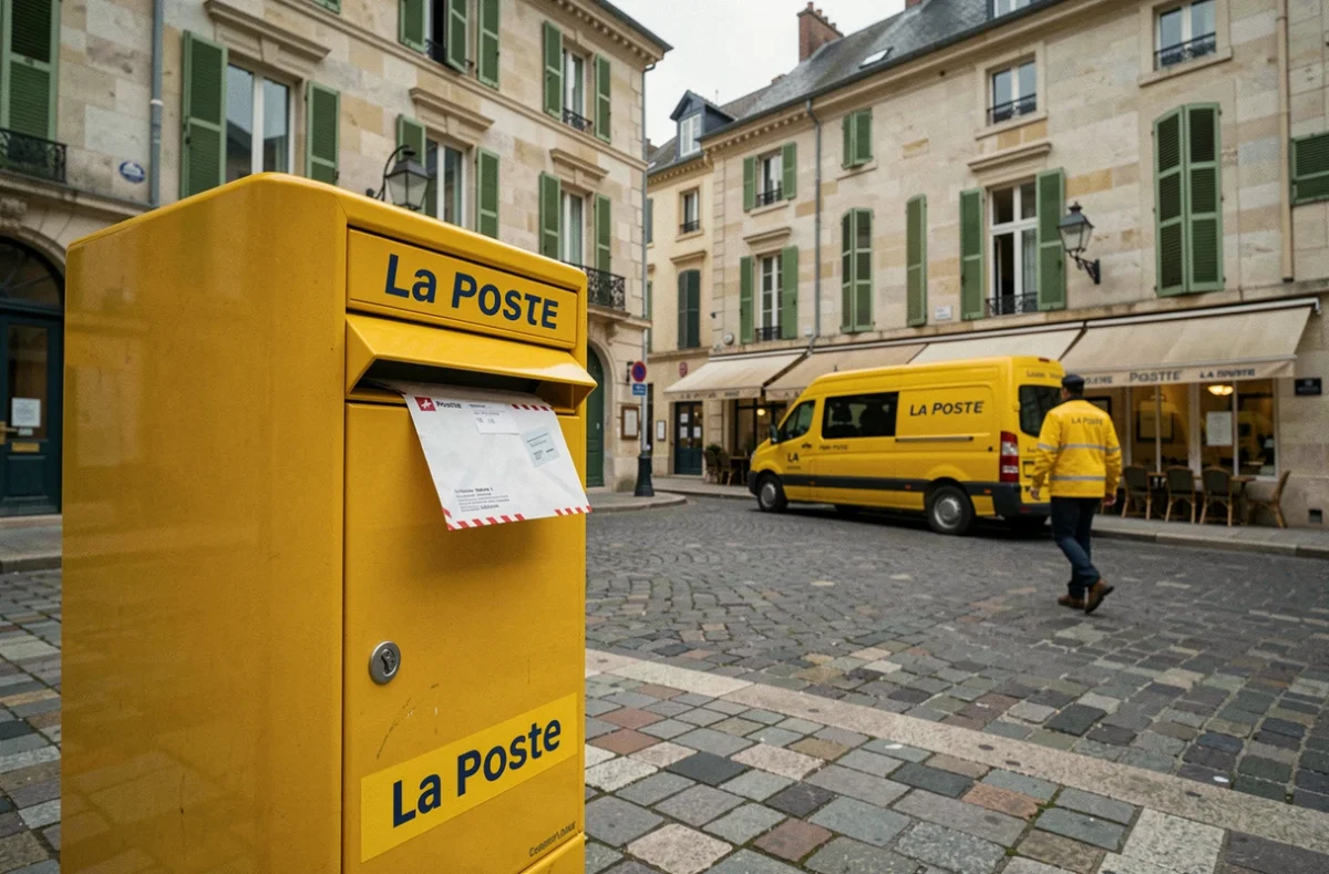 Bo&icirc;te aux lettres La Poste en ext&eacute;rieur avec enveloppe suivie d&eacute;pos&eacute;e et facteur en arri&egrave;re-plan
