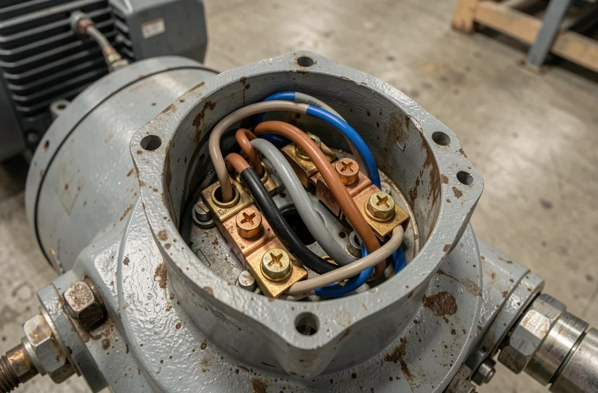 Boîte à bornes d'un moteur triphasé avec conducteur neutre bleu et fils de phase raccordés