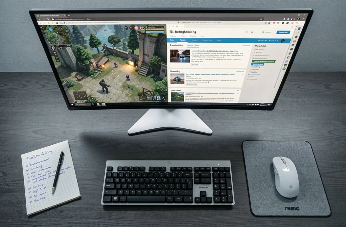 Bureau de gamer avec &eacute;cran affichant un guide de d&eacute;pannage pour r&eacute;parer un mod UI Cheats buggu&eacute; dans un jeu de simulation de vie