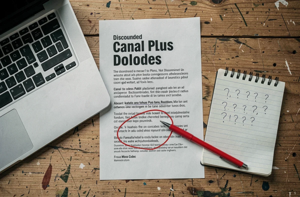 Vue a&eacute;rienne d'un bureau avec une fausse promotion Canal Plus imprim&eacute;e, annot&eacute;e de questions et d'un stylo rouge