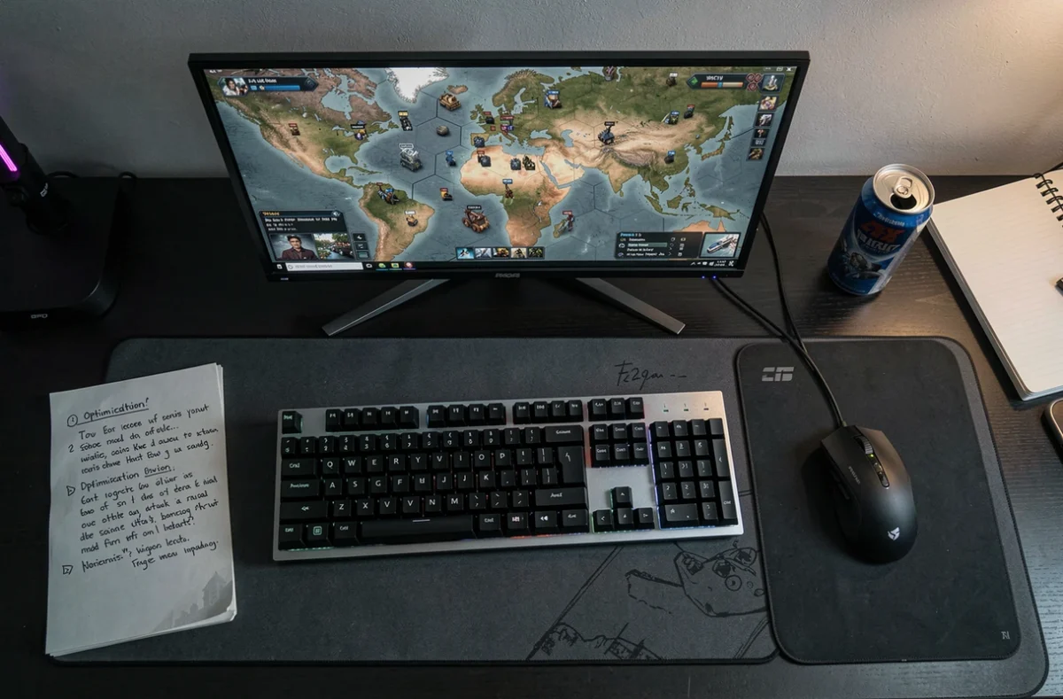 Vue a&eacute;rienne d'un bureau gaming avec jeu de strat&eacute;gie en pause, clavier m&eacute;canique, souris et notes d'optimisation manuscrites