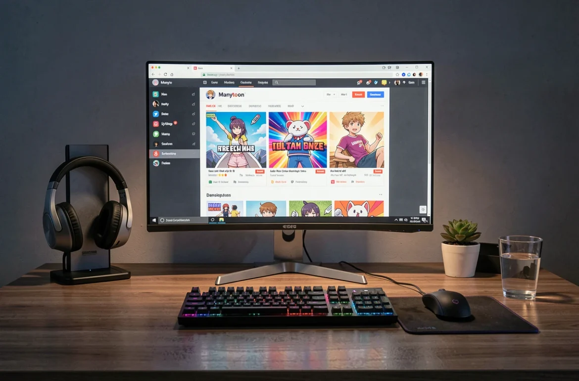 Bureau gaming avec écran PC affichant l'interface Manytoon pour lire des webtoons en mode liseuse