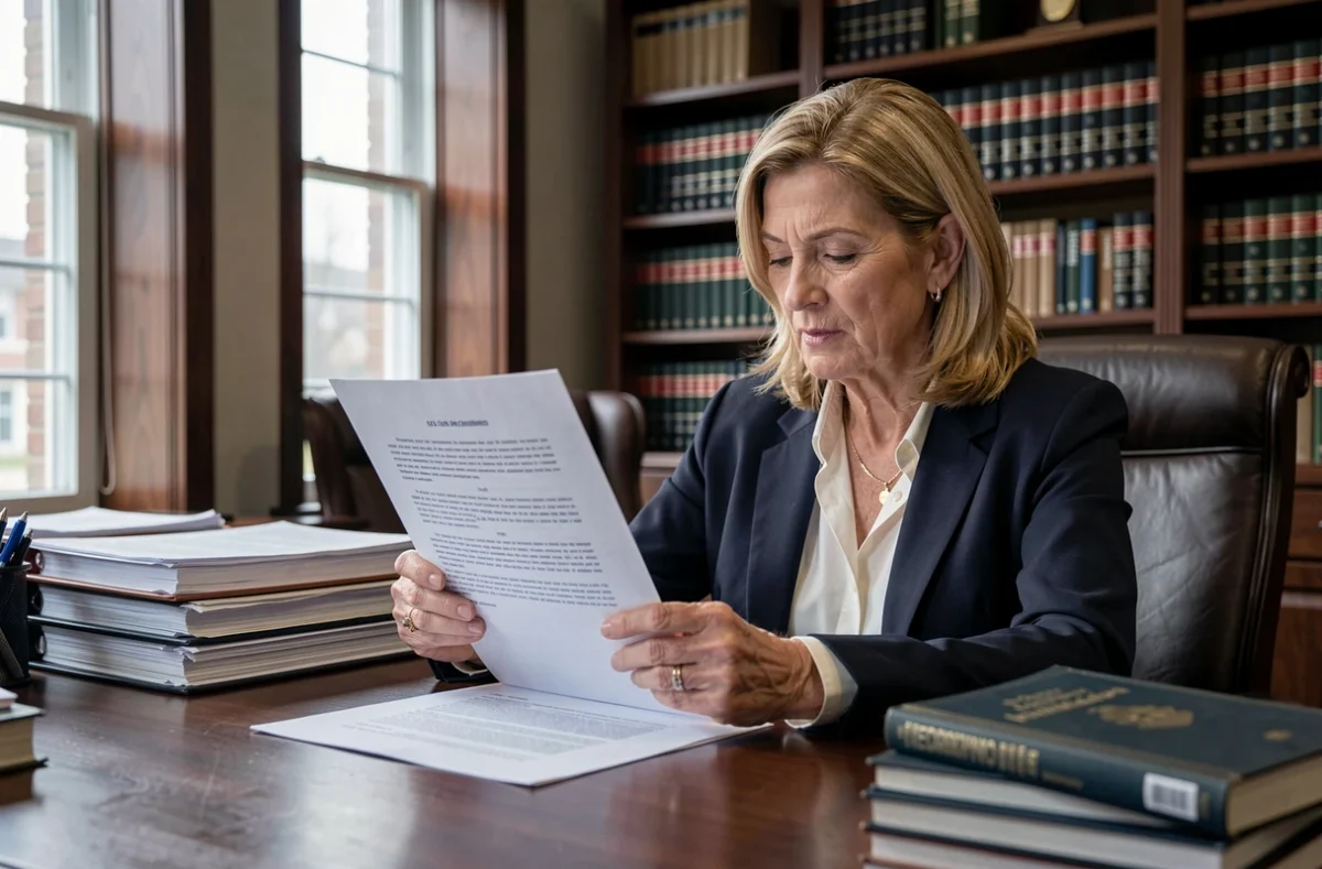 Femme consultant attentivement des documents juridiques dans un bureau professionnel, illustrant le cadre l&eacute;gal et la connaissance de ses droits