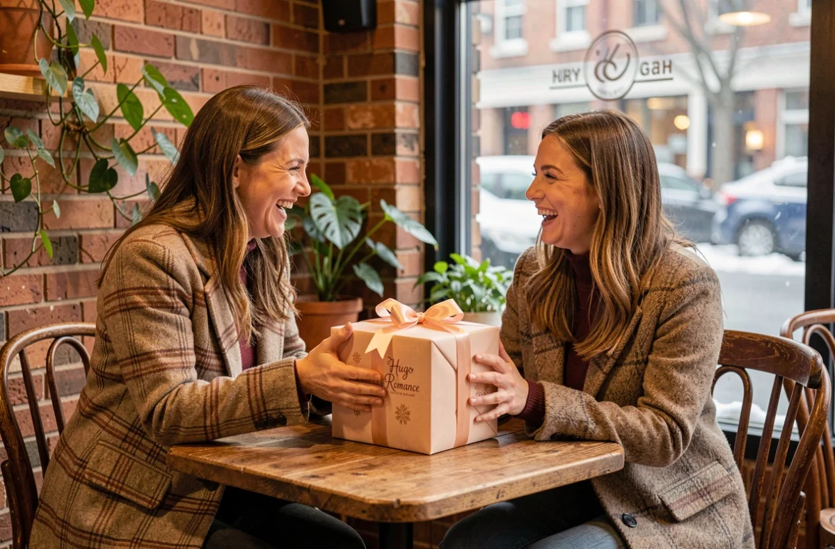 Deux amies &eacute;changeant un calendrier de l'avent Hugo New Romance dans un caf&eacute; cosy lors d'une sc&egrave;ne cadeau authentique
