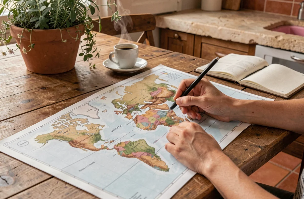Mains féminines pointant la Nouvelle-Calédonie sur une carte des fuseaux horaires mondiaux posée sur une table en bois, avec agenda et café pour organiser un appel depuis l'Europe