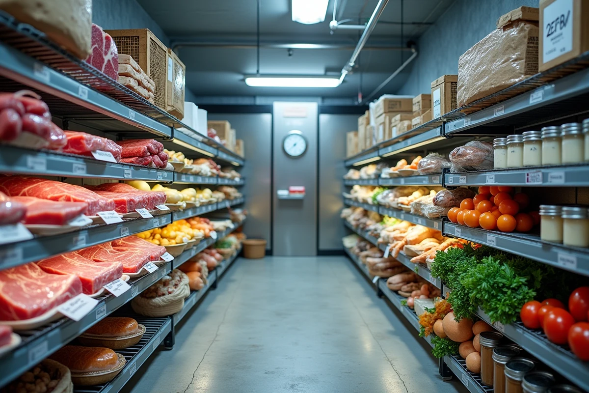 Chambre froide d'un restaurant &agrave; Toulon avec des approvisionnements alimentaires organis&eacute;s et &eacute;tiquet&eacute;s sur des &eacute;tag&egrave;res m&eacute;talliques