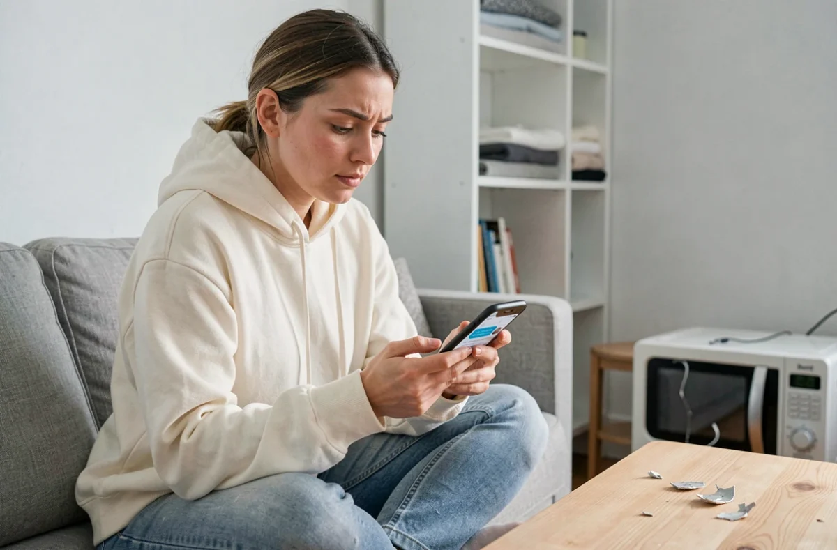 Jeune femme utilisant le chat du service client Darty sur smartphone depuis son salon, avec un appareil &eacute;lectrom&eacute;nager d&eacute;fectueux au sol