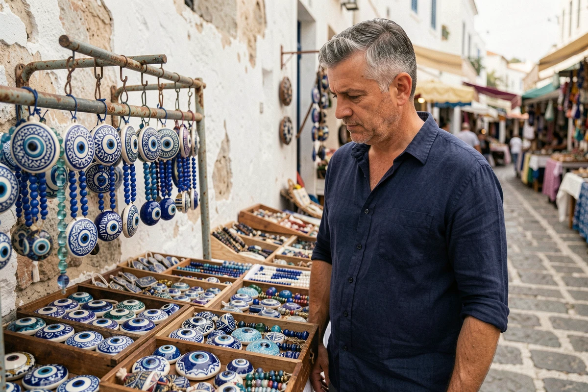Homme examinant des amulettes &oelig;il protecteur grec traditionnelles sur un &eacute;tal de march&eacute; en plein air avec des pav&eacute;s et des murs blanchis &agrave; la chaux