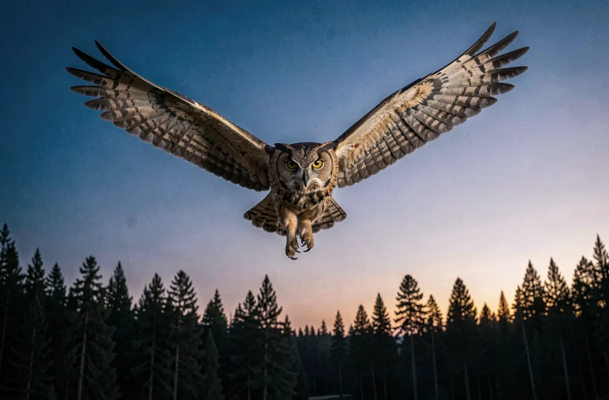 Grand duc d'Am&eacute;rique en plein vol au cr&eacute;puscule au-dessus d'une for&ecirc;t de pins, puissance et myst&egrave;re du symbolisme de la chouette dans la nature