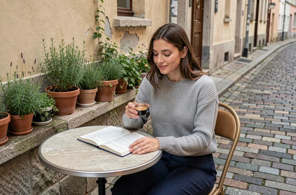 Jeune femme &eacute;crivant dans un carnet sur une terrasse de caf&eacute; parisien, symbolisant la r&eacute;flexion spirituelle et les citations inspirantes du quotidien