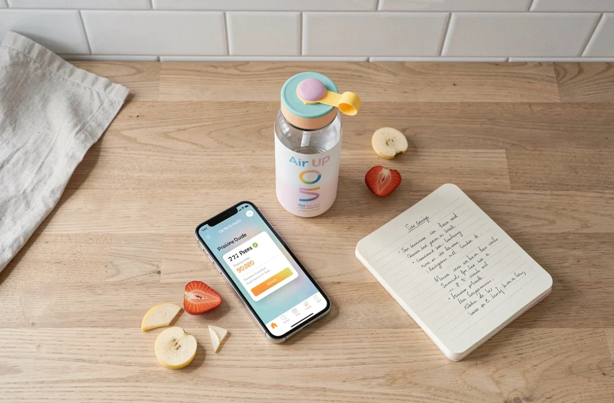 Mise en scène flat-lay d'une bouteille Air Up, d'un smartphone avec code promo Inoxtag et d'accessoires lifestyle sur une table en bois clair