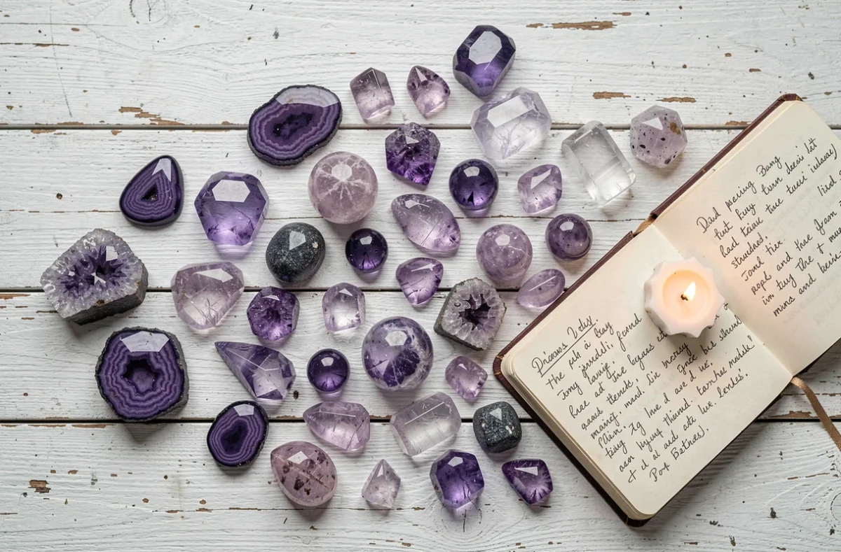 Collection de pierres pr&eacute;cieuses violettes et am&eacute;thystes dispos&eacute;es avec un journal et une bougie, symbolisme des couleurs spirituelles