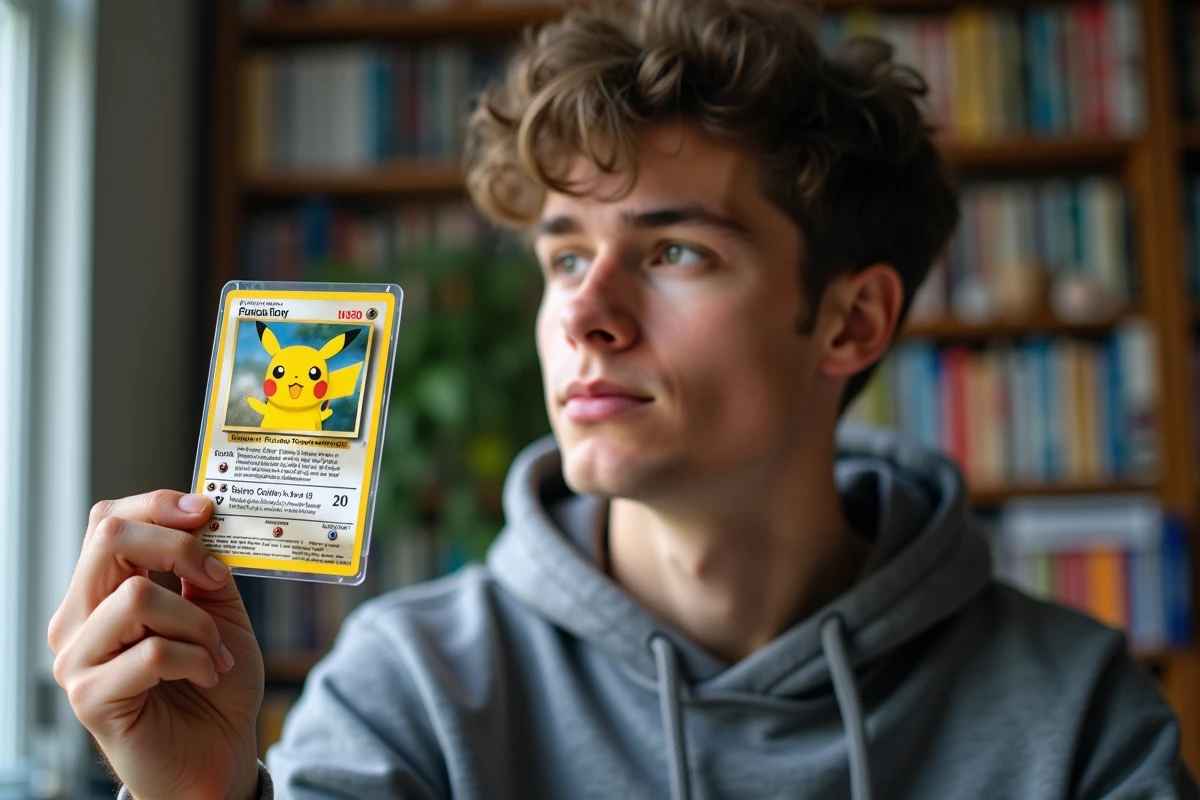 Jeune collectionneur masculin examinant une carte Pokémon Pikachu en sleeve contre la lumière pour identifier son authenticité