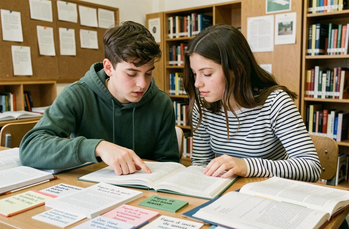 Deux coll&eacute;giens qui r&eacute;visent ensemble les figures de style dans une biblioth&egrave;que scolaire avec des fiches et des livres ouverts