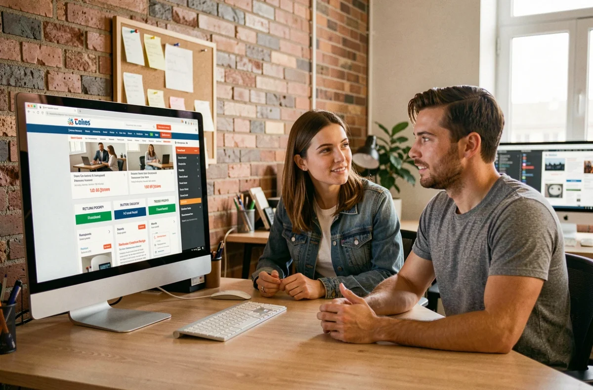 Deux coll&egrave;gues comparant des sites concurrents sur un grand &eacute;cran dans un bureau moderne pour &eacute;valuer la protection des achats