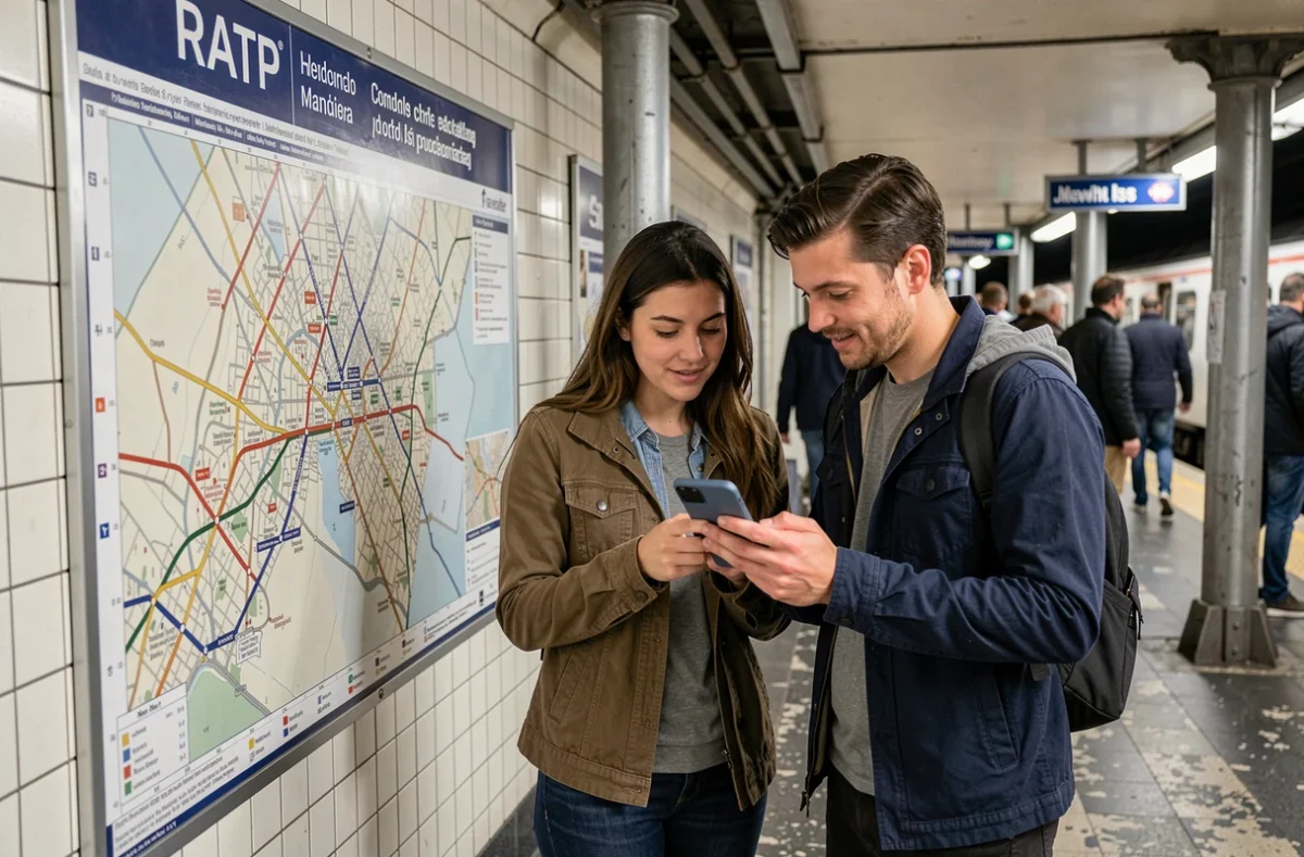 Deux coll&egrave;gues comparant Urbanratp et ratp.fr sur smartphone devant un plan de m&eacute;tro parisien
