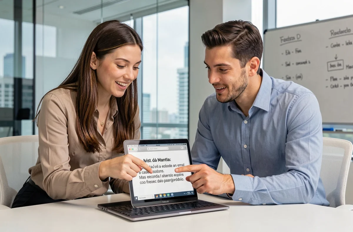Deux coll&egrave;gues collaborant sur la r&eacute;daction d'un mail formel en espagnol dans une salle de r&eacute;union moderne