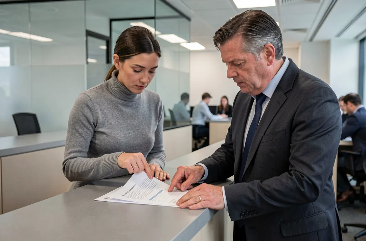 Deux coll&egrave;gues examinant ensemble un courrier administratif officiel au bureau, soulignant l'importance des formules de politesse correctes dans les lettres urgentes