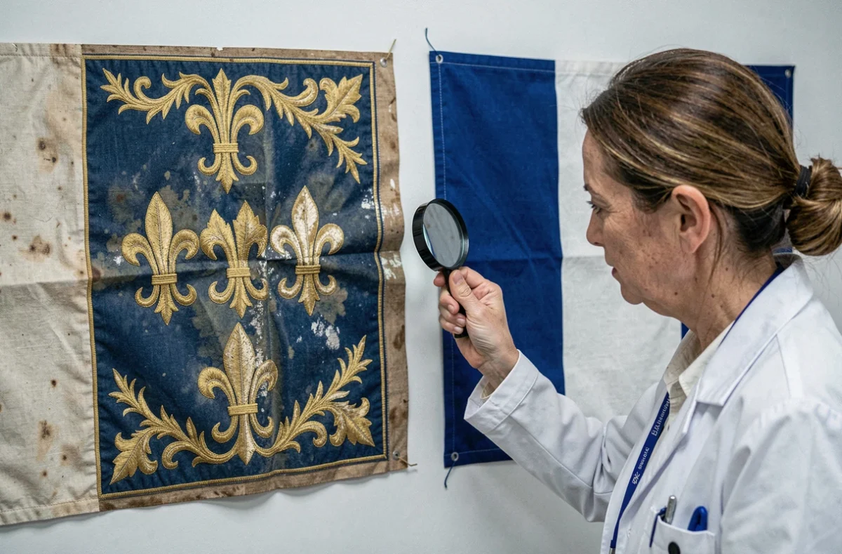 Experte en textile comparant un vrai drapeau des rois de France avec une reproduction moderne, analysant les d&eacute;tails de broderie et de tissage