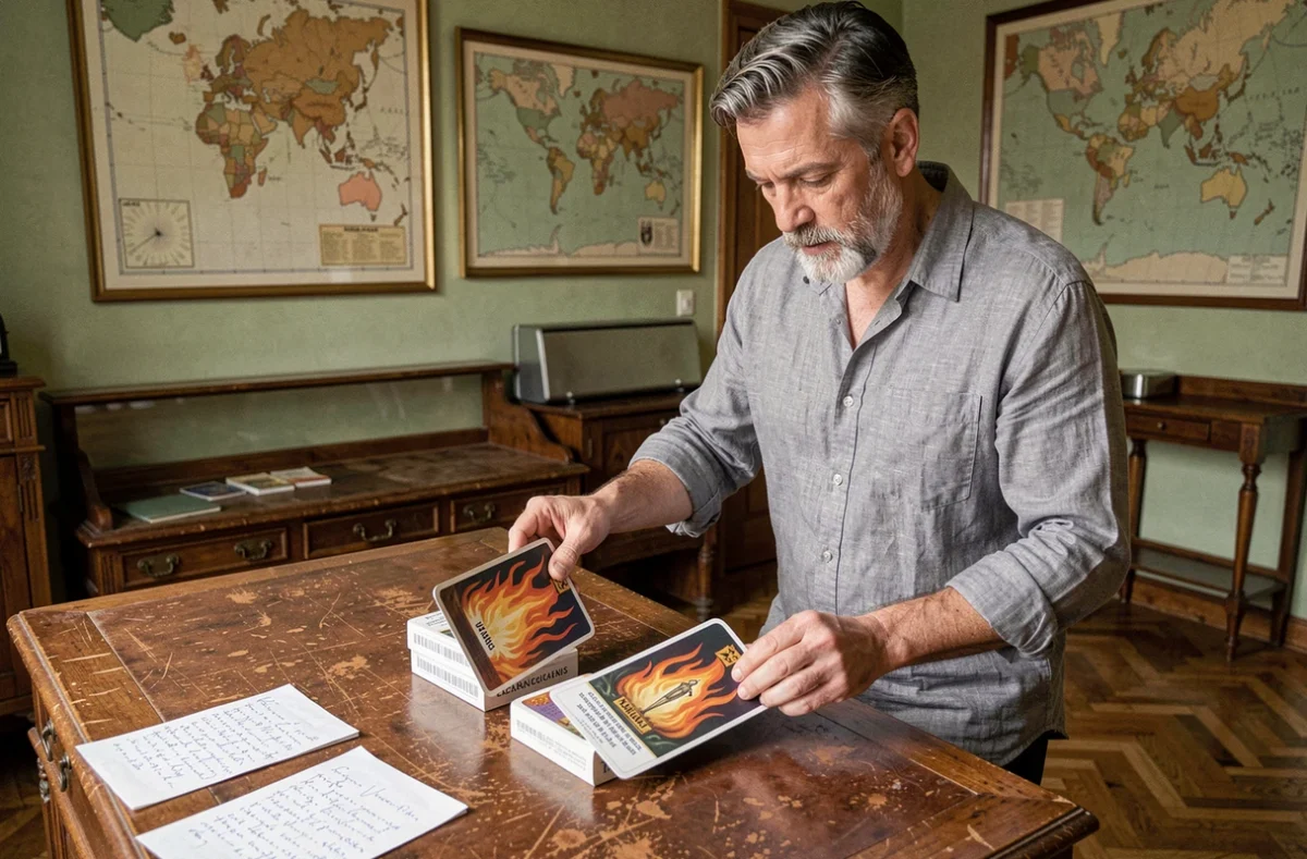 Homme comparant deux versions française et anglaise de cartes oracle Flammes Fantasmagoriques sur un bureau antique