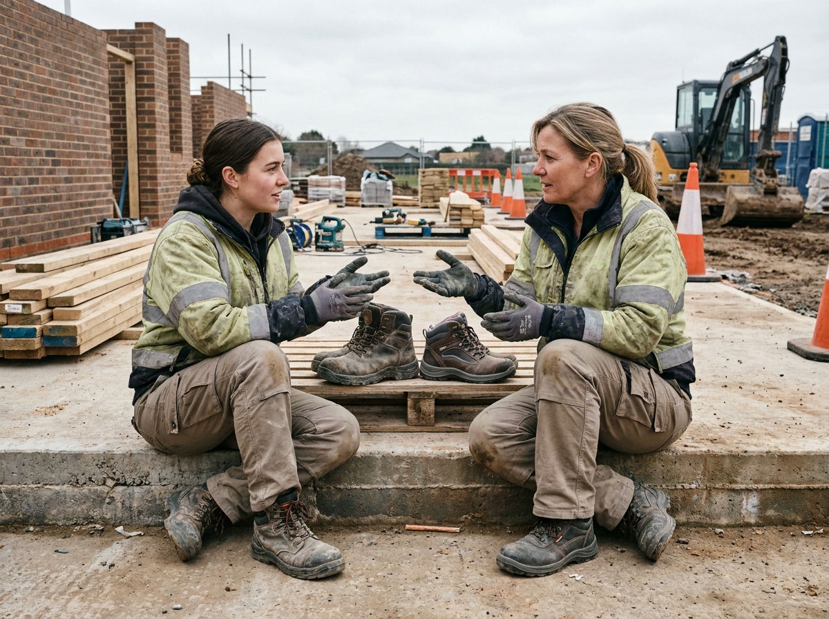 Deux ouvrières comparant des chaussures de sécurité féminines et unisexes lors d'une pause sur un chantier