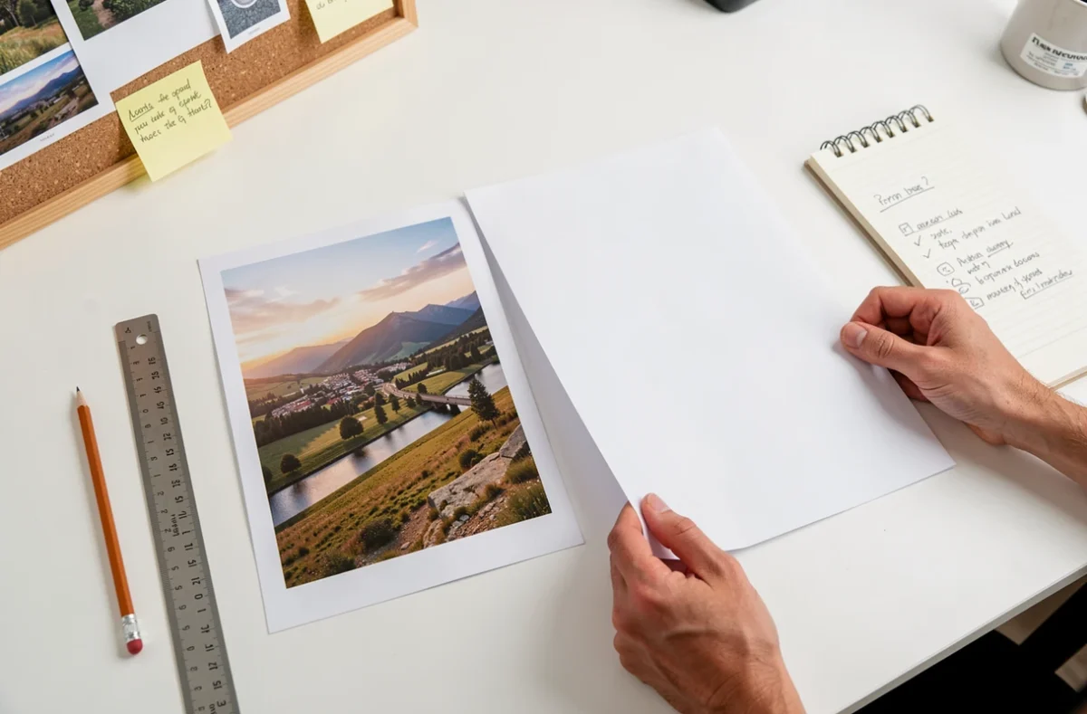 Vue a&eacute;rienne comparant les dimensions d'une photo paysage et d'une feuille A4 sur un bureau de designer