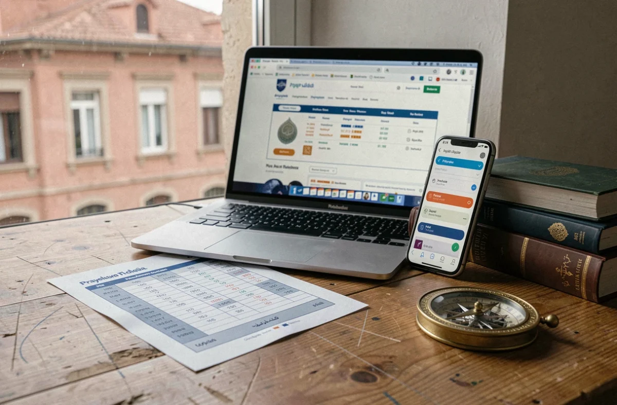 Bureau avec horaires de pri&egrave;re imprim&eacute;s, site web et application mobile compar&eacute;s &agrave; Toulouse