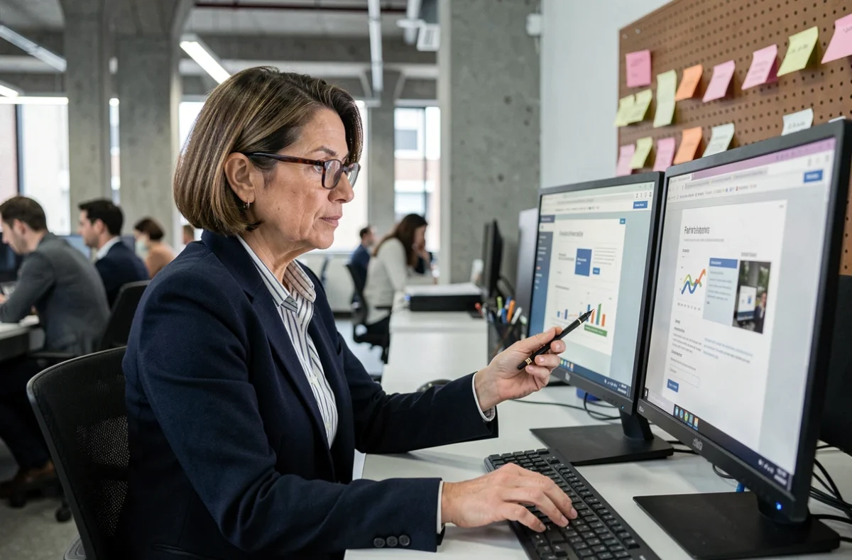 Femme comparant deux maquettes de design de blog sur un grand &eacute;cran dans un espace de coworking