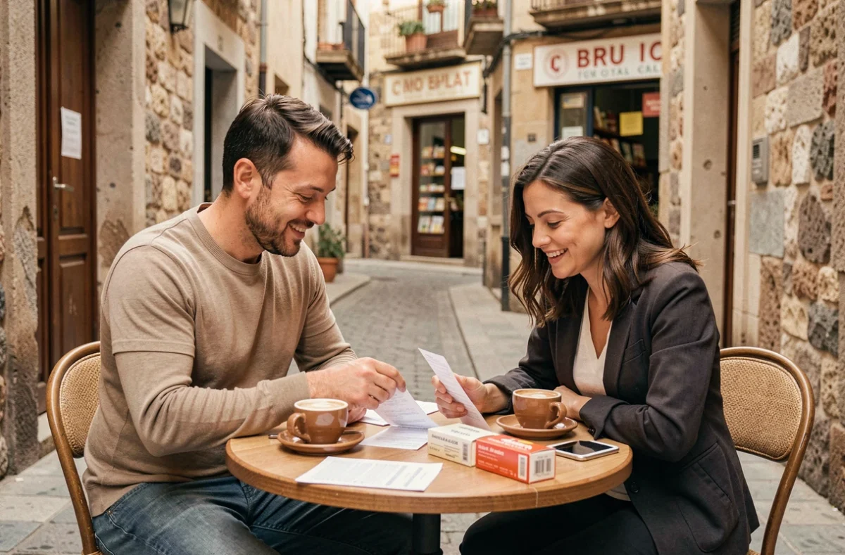 Deux amis frontaliers comparent leurs achats de cartouches en Espagne attabl&eacute;s dans un caf&eacute; de ville frontali&egrave;re